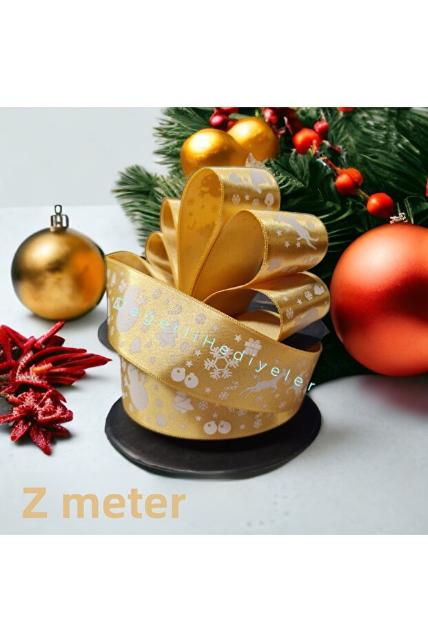 2 METERS Gold Satin Print New Year Ribbon Box Decoration Ribbon Tree Decoration Ribbon 3cm