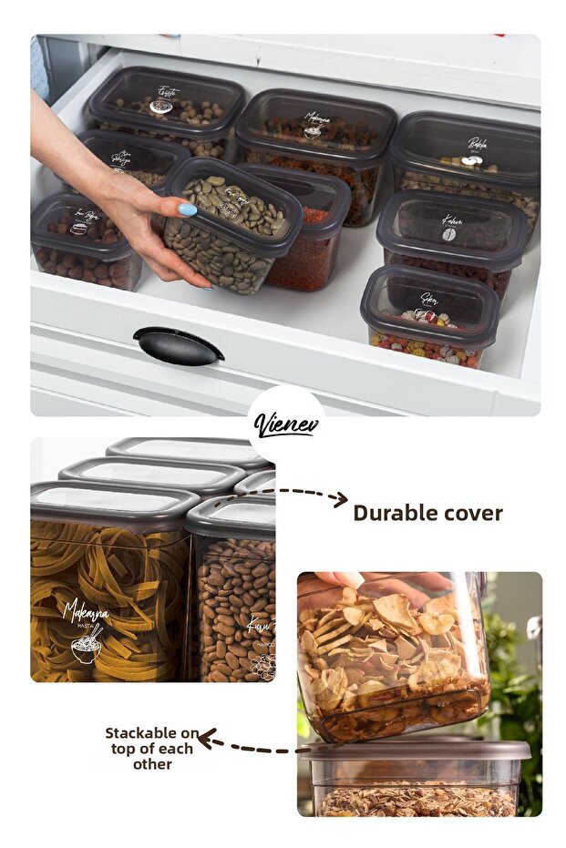 مجموعة من 9 حاويات تخزين مستطيلة طويلة مع ملصق طباعة باللون الأبيض وغطاء شفاف سعة 1.3 لتر - 4