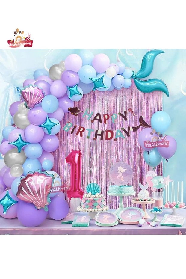 1 Year Old Mermaid Banner Balloon Blue Purple Balloons Foil Fringe Curtain Set Birthday Party Ornament