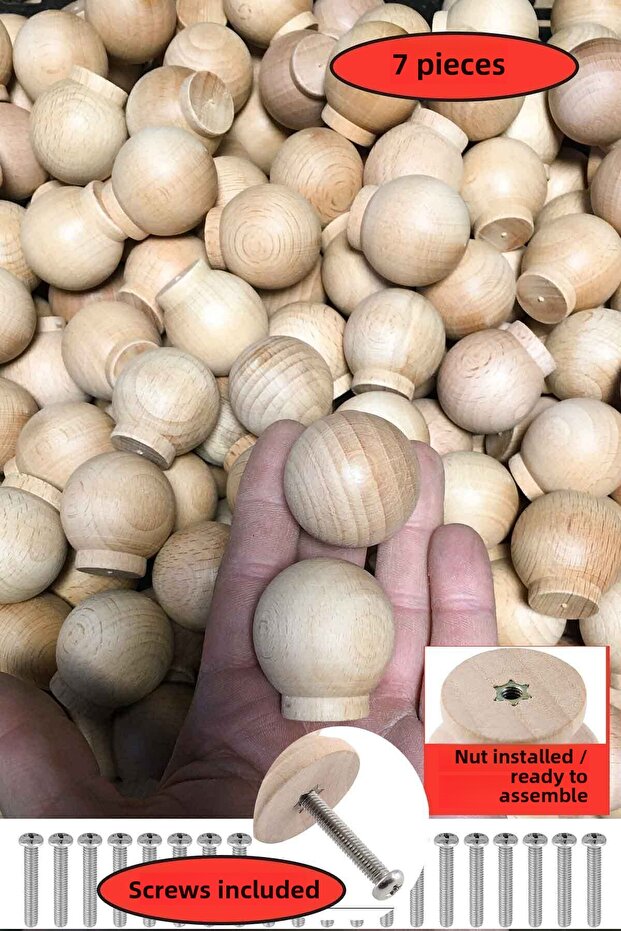 7 Pieces Wooden Ball Handle 37mm diameter Natural Beech Wood Drawer Cabinet Furniture Handle Button