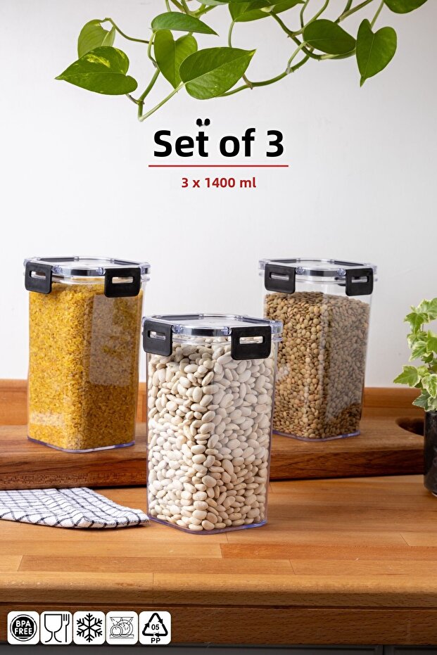 1400ML Set of 3 Square Clear Storage Container Set with Lock Lid - 1