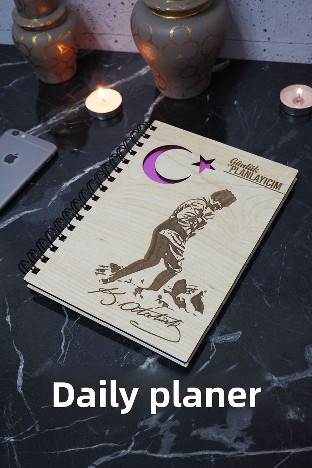 Mustafa Kemal Atatürk Wooden Schedule Book - Undated Agenda - Daily Planner (PLANING BOOK) A5