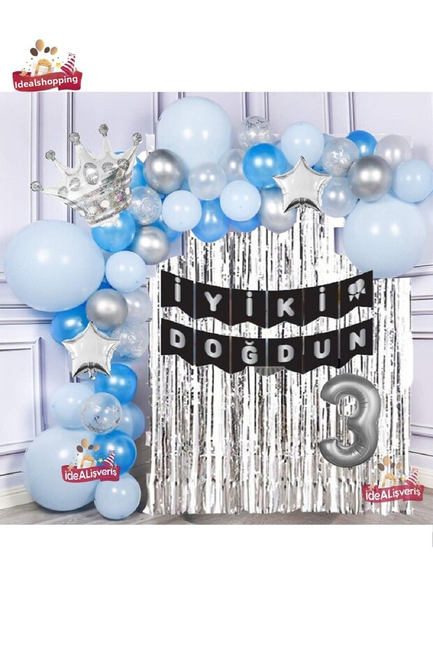Silver Blue Concept Starry King Crowned 3 Years Old Balloon Chain Birthday Set Happy Birthday