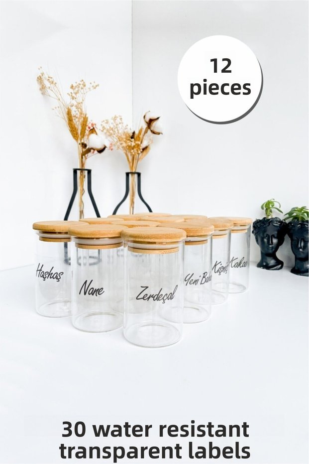 12 Pieces of Bamboo Lid Borosilicate Spice Jar 30 Pieces of Water Resistant Transparent Labels-6x11-250ml