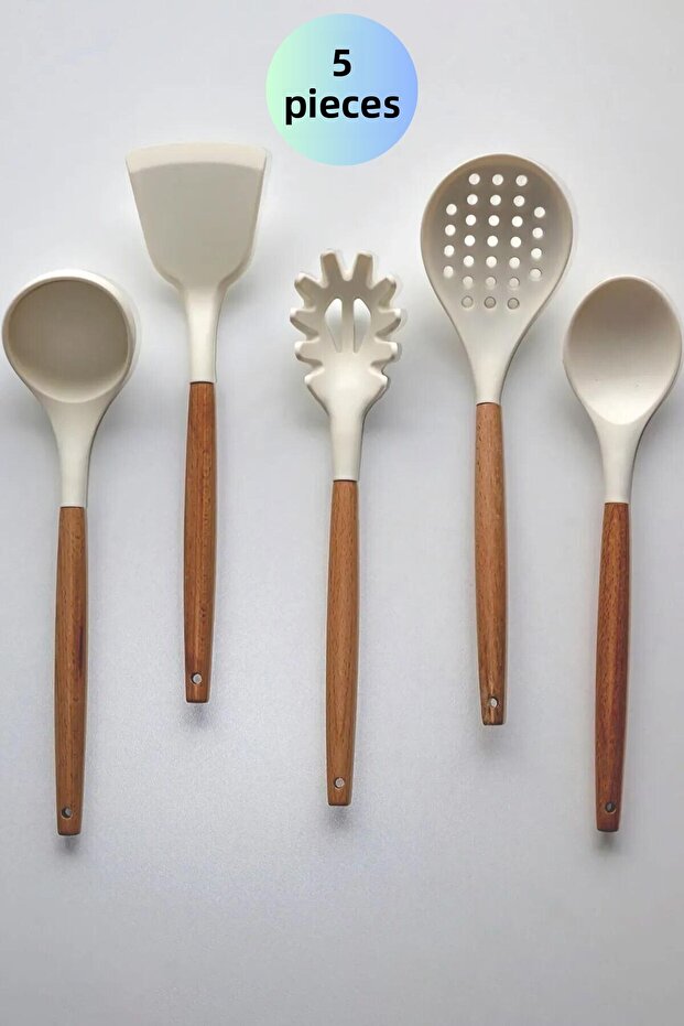 Bamboo Handle White Non-Scratch Silicone Colander Ladle Spoon Pasta Salad Spoon Spatula 5-Piece Service Set