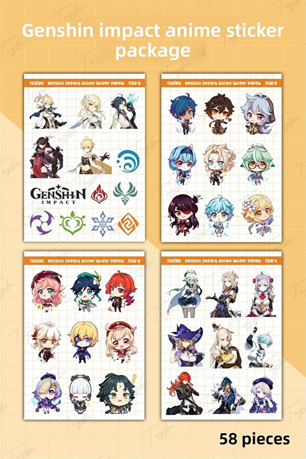 Genshin Impact Anime Sticker Set, 58 Pieces Sticker Labels for Agenda, Notebook, Tablet, Laptop