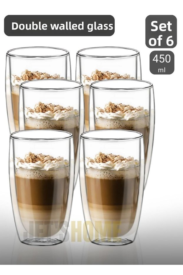 450ml Set of 6 Large Latte Cappuccino Glasses - Double Walled Americano Glasses