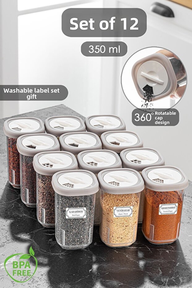 12-Piece Labeled and Lockable Airtight Lidded Spice Jar Set - Spice Jar Storage Container Beige