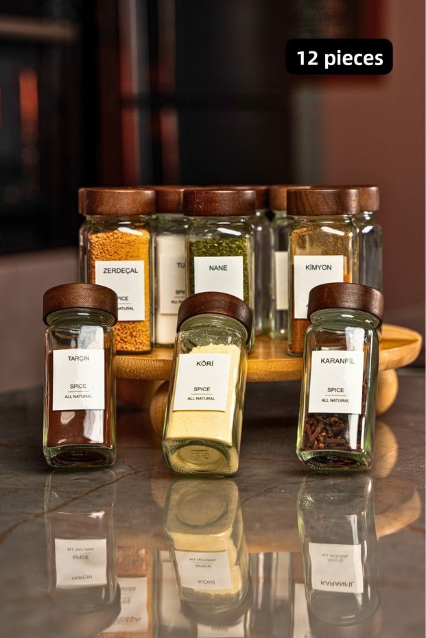 Glass Spice Jar Set with Acacia Lids, 12 Pieces (120 ml) - Air and Humidity Protection, Stylish and Storage Organization