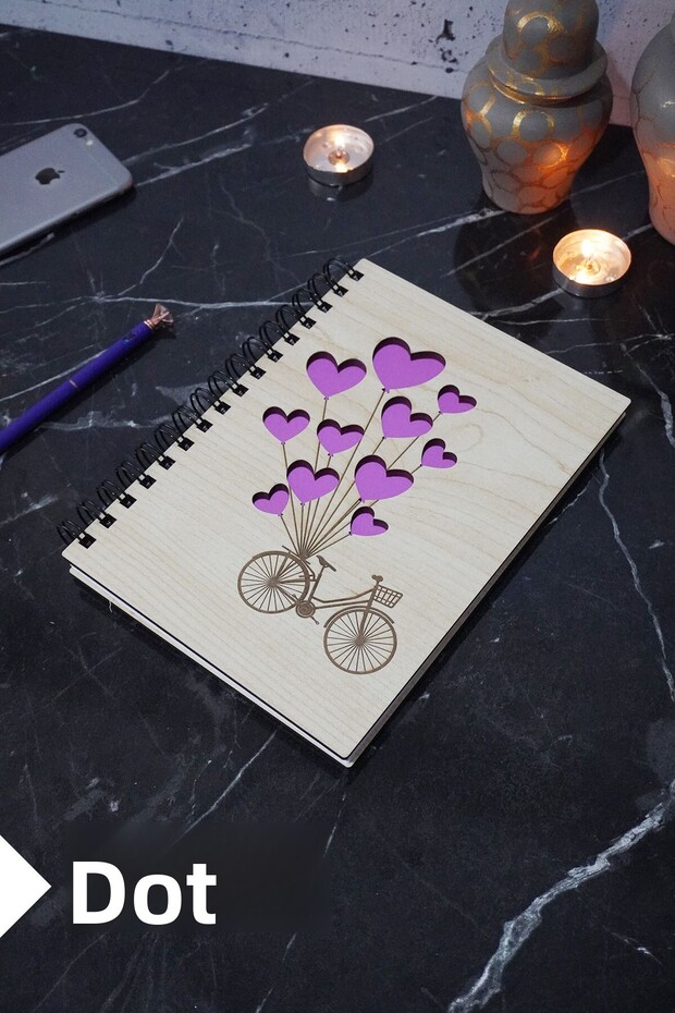 Bicycle Balloon Themed Wooden Cover Notebook - Dotted Notebook - Agenda - School Notebook (A5 - 120 Pages)