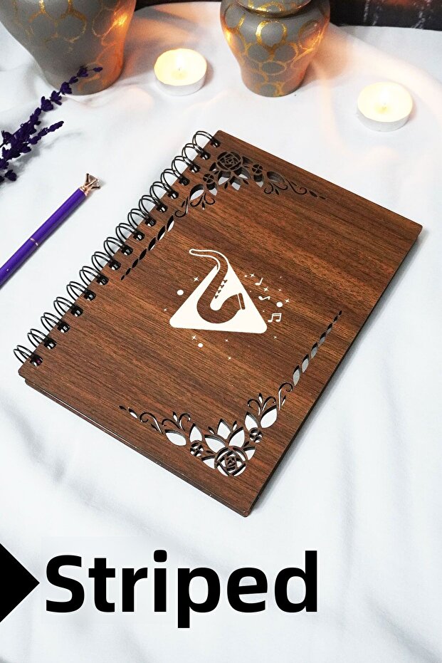 Music Design Wooden Cover Notebook - Lined Notebook - 60 Sheets (120 Pages) - A5 15X21 cm