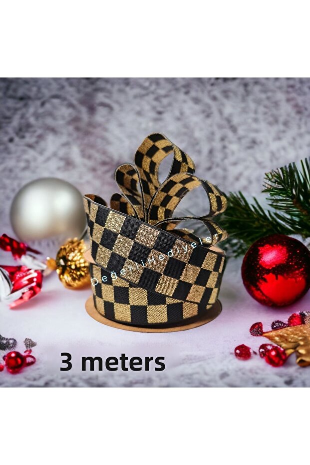 3 METERS Gold Checkerboard New Year Ribbon Box Decoration Ribbon Tree Decoration Ribbon 3cm