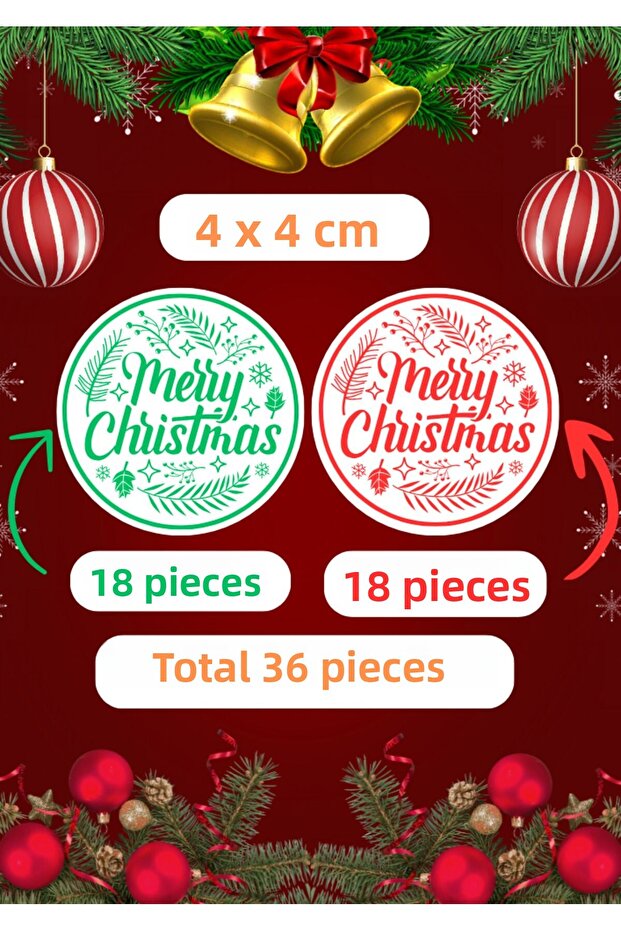 Merry Christmas Happy Birthday Coated Sticker (4X4Cm) 36 Pieces - Mixed-