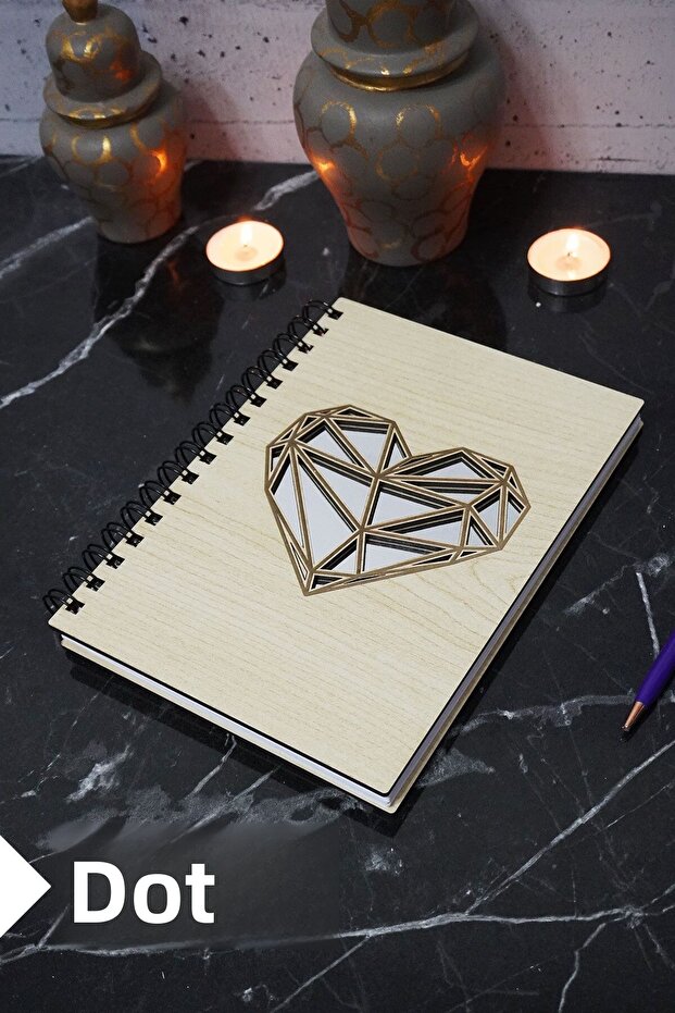 Heart Themed Wooden Cover Notebook - Dotted Notebook - Agenda - School Notebook (A5 - 120 Pages)