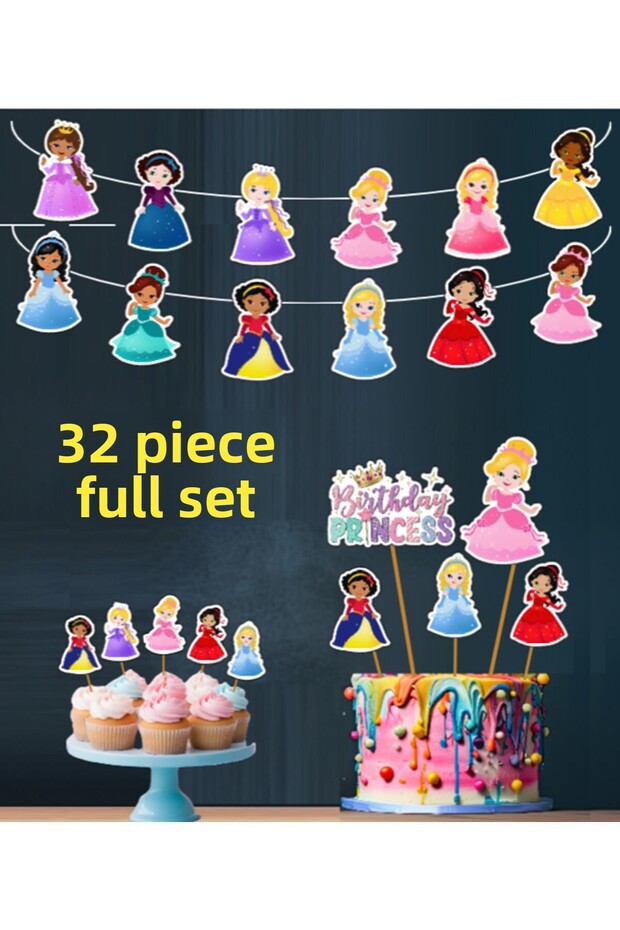 Kuromi-32 Piece Fairy Tale Princesses Giant Birthday Decoration Banner Cake Picks Cupcake Decoration Set