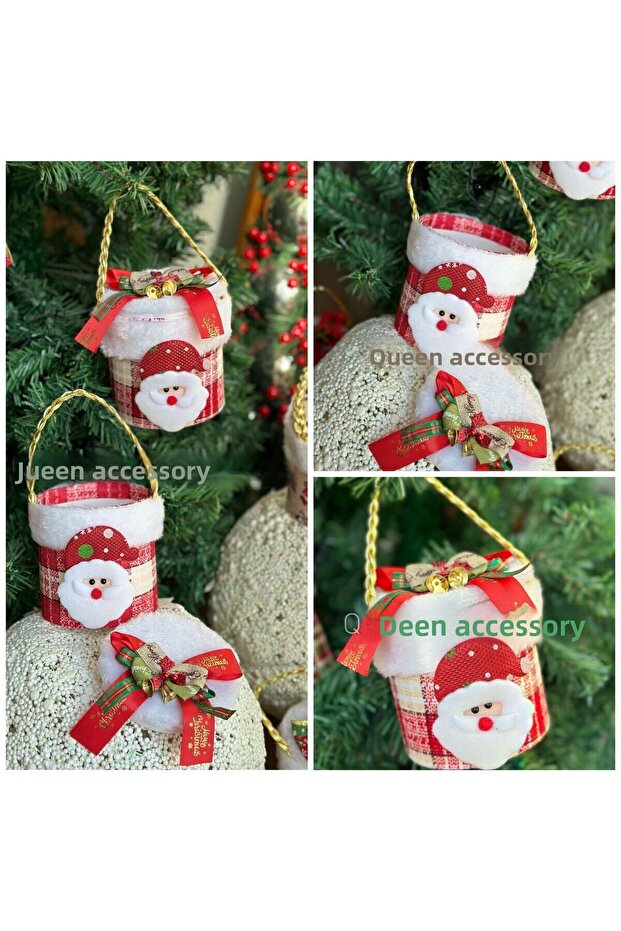 Imported Luxury Christmas Cylinder Gift Box with Lid Pine Tree Ornament Pendant Santa Claus Pattern Plaid