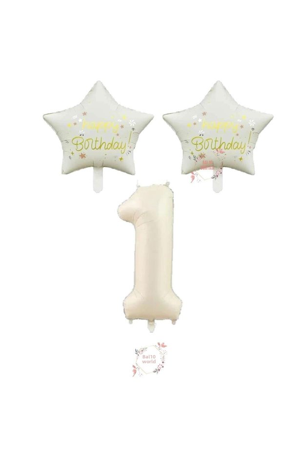 Bal10 Beige Number and Happy Birthday Written Star Foil Balloon Set Age 1