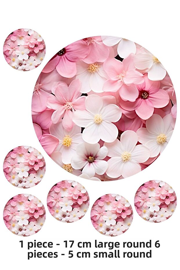 Pink Flowers Pink - 7 Pieces A4 Edible Ornament Pastry Cookie Sugar Dough Paper Print