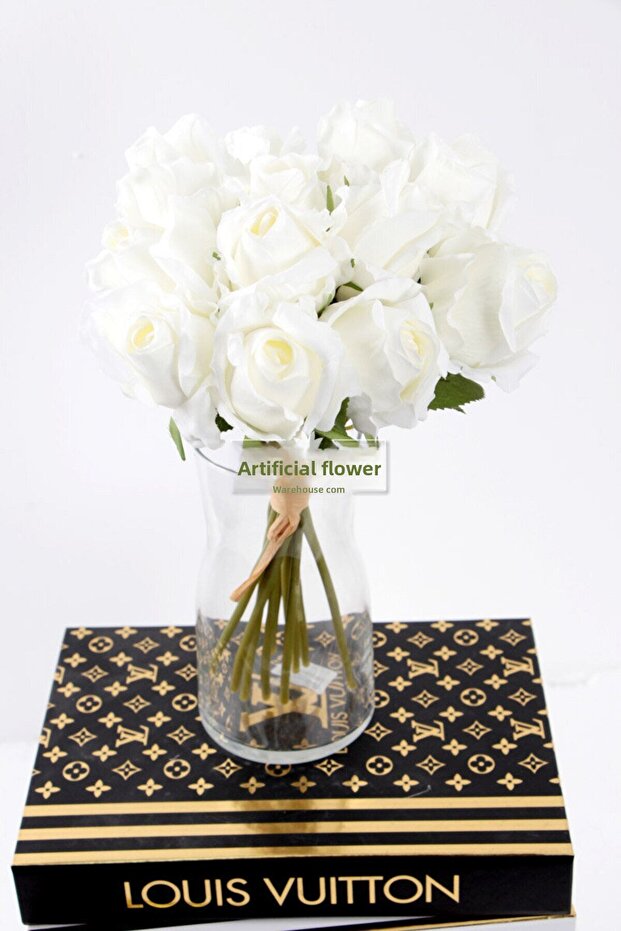 Artificial Flower 12 Premium Rose Bouquet White