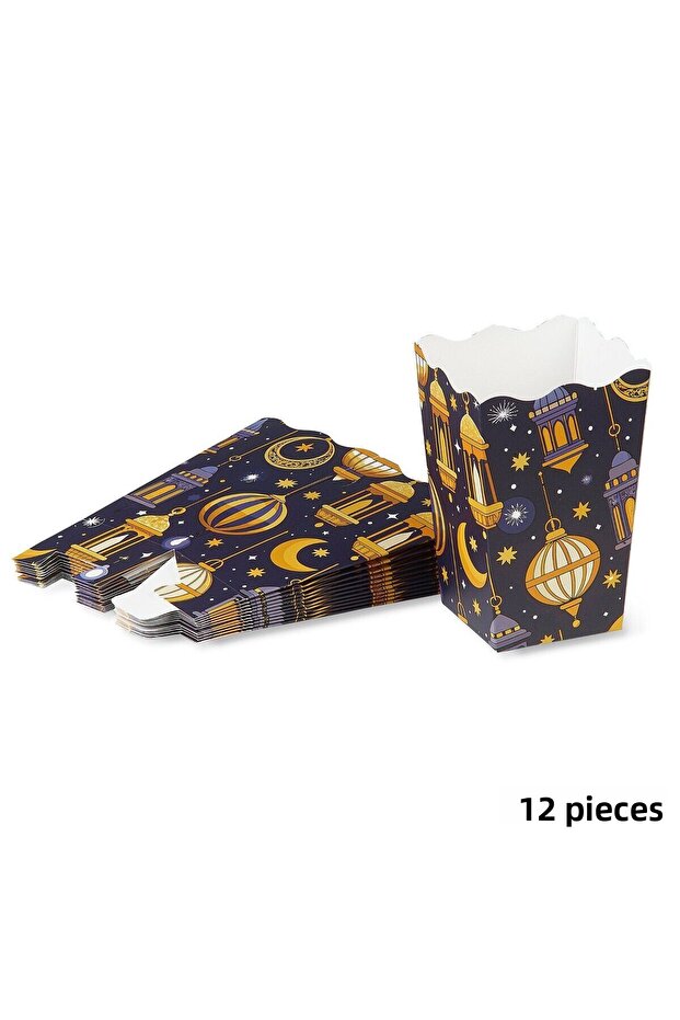 Ramadan Themed 12 Pieces of Corn, Golden Crescent Design, Popcorn Box Gift 6X6X11 cm