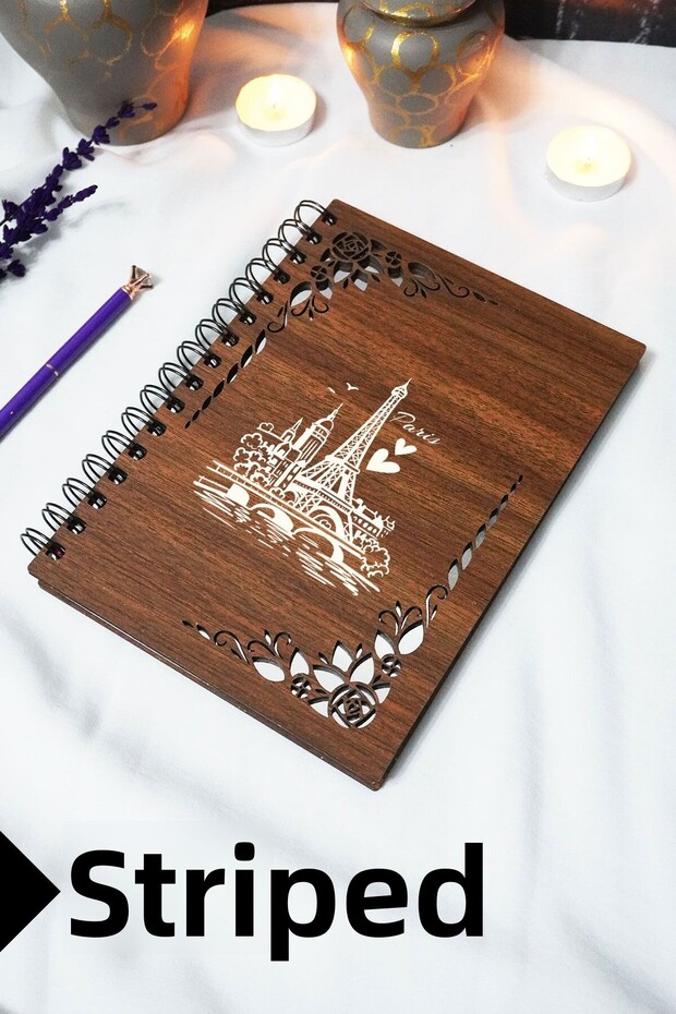 Paris Wooden Cover Notebook - Lined Notebook - 60 Sheets (120 Pages) - A5 15X21 cm - Eiffel Tower