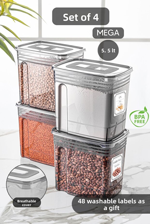 حاوية دقيق لينا كبيرة الحجم سعة 5.5 لتر مكونة من 4 قطع - حاوية تخزين البقوليات مع غطاء - صندوق تخزين المواد - 1