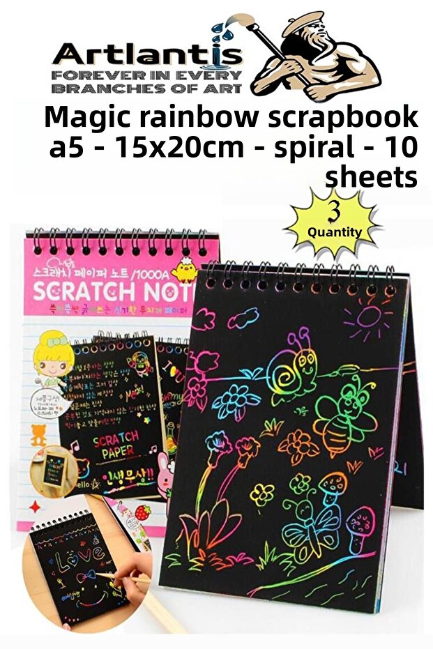 لوحة كشط قوس قزح سحرية مقاس A5 مقاس 15 × 20 سم 3 عبوات 10 ورقات ملاحظة للخدش Sprallic Black Magic Res