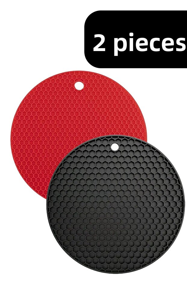 Set of 2 Round Silicone Trivet - Black and Red