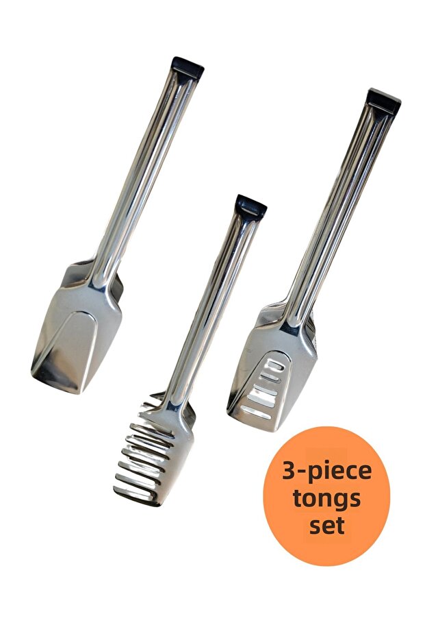 3-piece Stainless Steel Serving Tongs Set (Salad, Pasta, Cake Tongs)