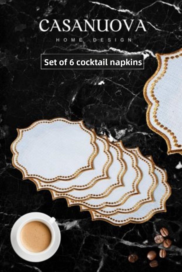 Embroidered Cocktail Napkin Set of 6 Gold Glittery Carved Linen Effect