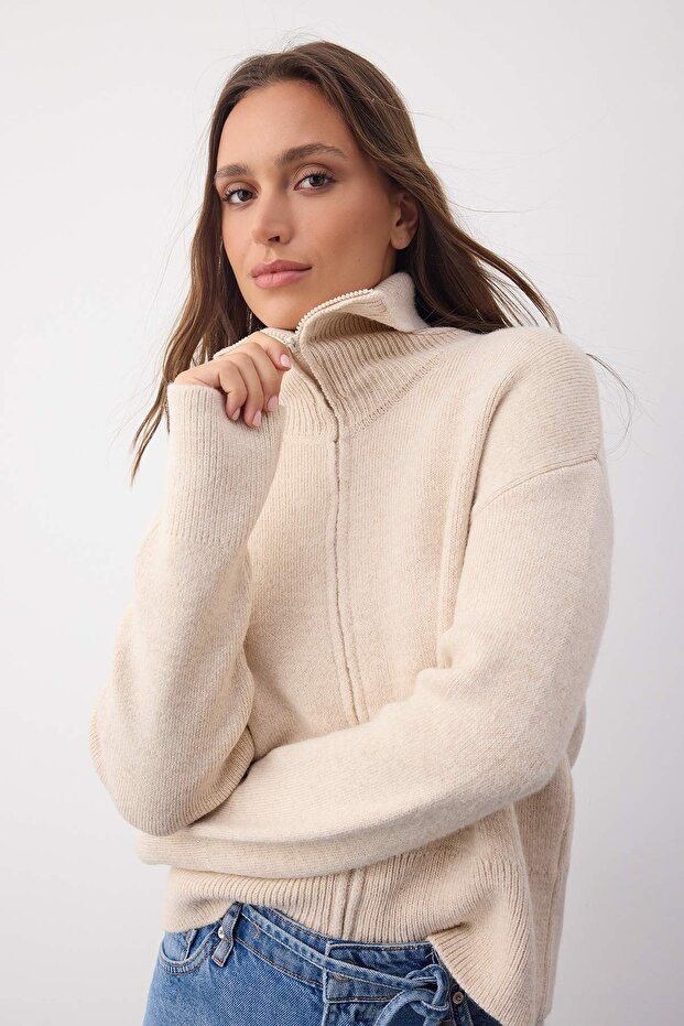 Wardrobe Essentials Taş Yumuşak Dokulu Geniş Kalıp Fermuarlı Triko Hırka | TWOAW26HI00092 - 1