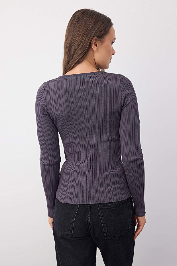Wardrobe Essentials Antrasit Fitted/Vücuda Oturan Fitilli Triko Kazak | TWOAW26KZ00083 - 4