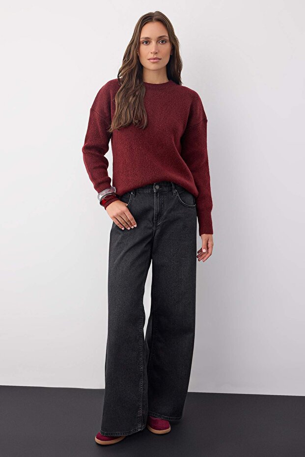 Wardrobe Essentials Bordo Yünlü Premium İplik Basic Geniş Kalıp Triko Kazak | TWOAW26KZ00065 - 2