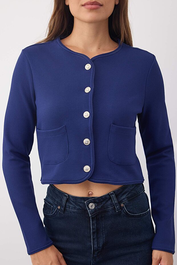Wardrobe Essentials –Lacivert Düğme ve Cep Detaylı Örme Ceket | TWOAW26CE00000 - 3