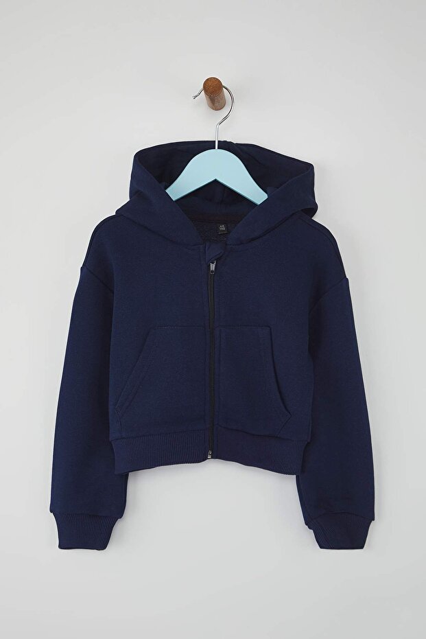 Lacivert Pamuklu Crop Fit Düz/Basic Kapüşonlu Oversize Örme Kız Çocuk Hırka TKDAW26HI00001 - 2