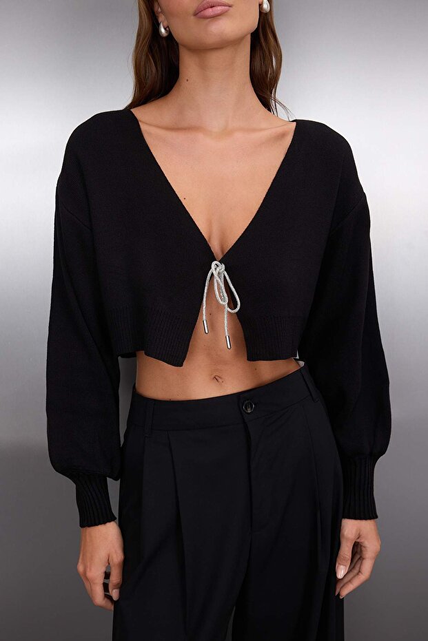 Siyah Süper Crop Basic Fiyonklu Triko Hırka TWOAW24HI00315 - 4