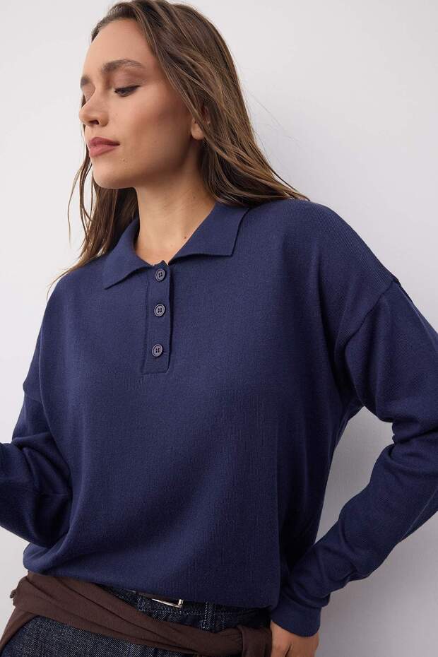 Wardrobe Essentials Lacivert*001 Premium İplikDüz Geniş Kalıp Triko Kazak | TWOAW26KZ00195 - 1