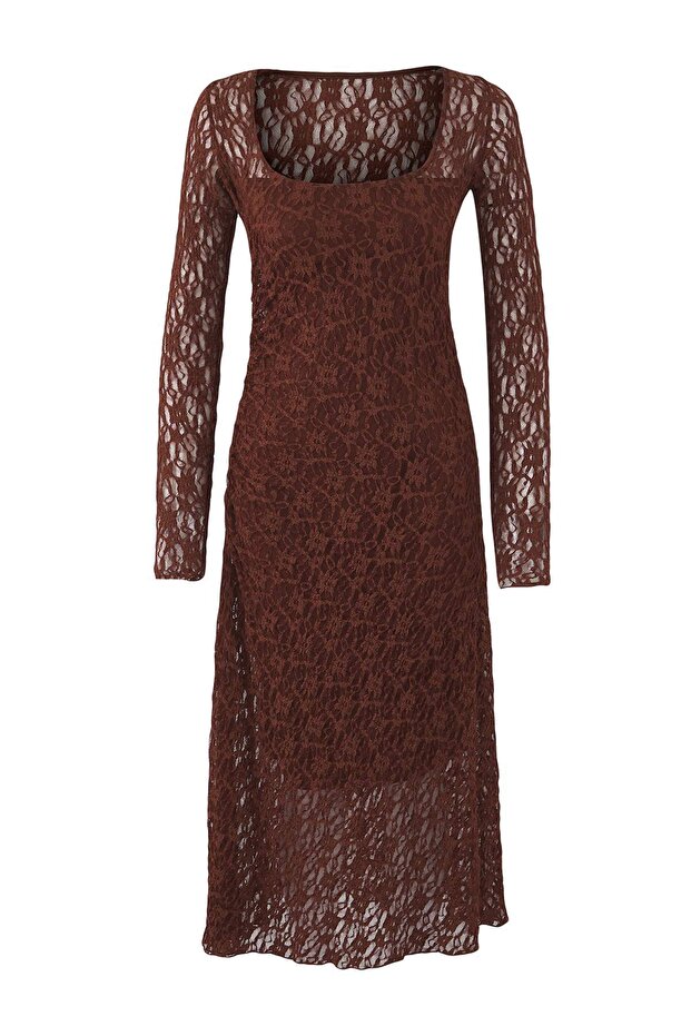 Kahverengi Dantel Bodycon Midi Sırt Dekolteli Astarlı Esnek Örme Elbise TWOAW26EL00016 - 7