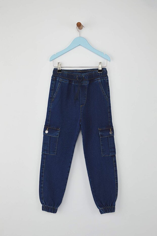 Koyu Mavi Pamuklu Erkek Çocuk Beli Lastikli Düz Denim Jeans TKDAW26JE00000 - 1