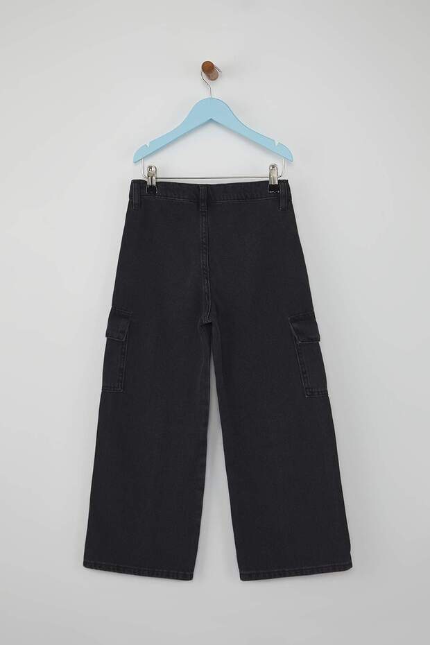 Siyah 100% Pamuk Kargo Cep Flare Ayarlanabilir Lastikli Kız Çocuk Denim Jeans TKDAW26JE00004 - 4
