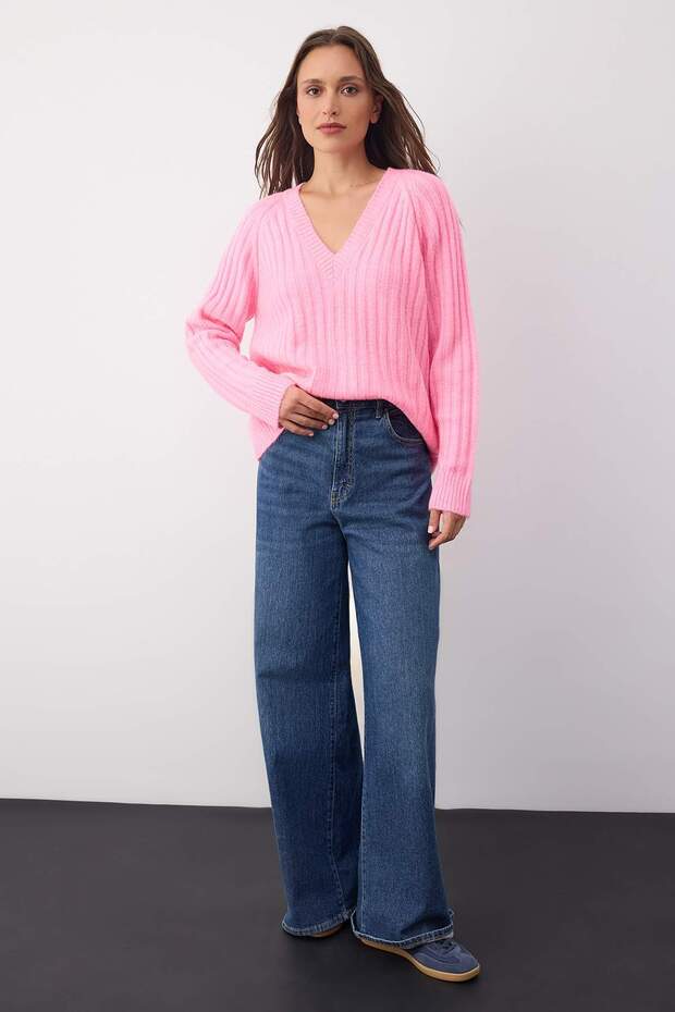 Wardrobe Essentials Pembe Yumuşak Dokulu Fitilli Triko Kazak TWOAW26KZ00078 - 2