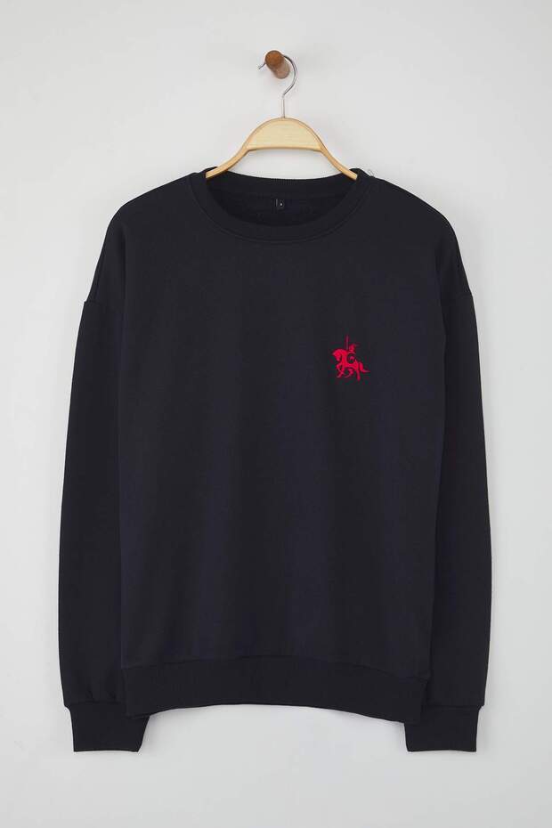Lacivert Oversize/Geniş Kesim Uzun Kol At Nakışlı Sweatshirt TMNAW24SW00164 - 6