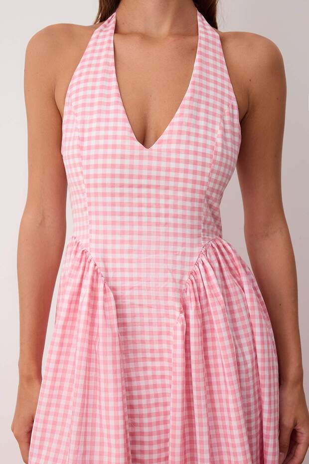 Pembe Pötikare Desenli Belden Açılan Dokuma Maxi Elbise TWOSS25EL00874 - 3