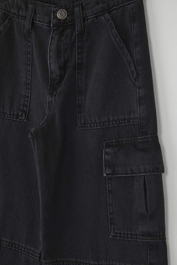Siyah 100% Pamuk Kargo Cep Flare Ayarlanabilir Lastikli Kız Çocuk Denim Jeans TKDAW26JE00004 - 3