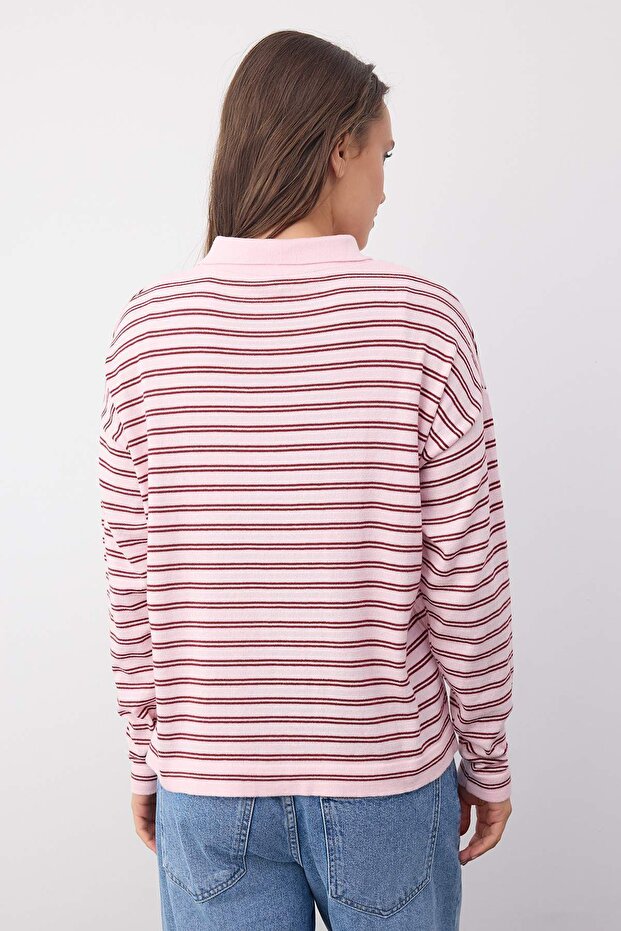 Wardrobe Essentials Pembe Premium İplik/Özel İplikli Geniş Kalıp Çizgili Triko Kazak TWOAW26KZ00195 - 4