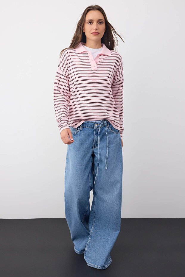 Wardrobe Essentials Pembe Premium İplik/Özel İplikli Geniş Kalıp Çizgili Triko Kazak TWOAW26KZ00195 - 2