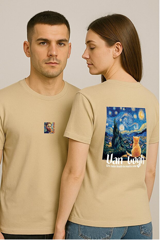 Lenithra Starry Night Back Printed Unisex Oversize Beige T-Shirt