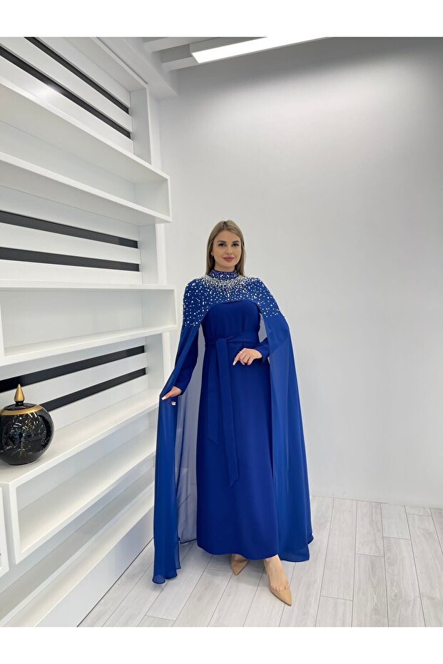 2858 ŞİFON ÜZERİ İNCİ İŞLEMELİ ELBİSE - 3