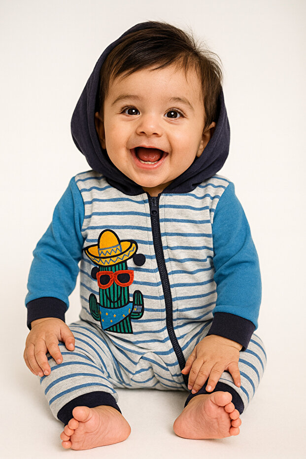 Zippered, Cotton, Hooded Baby Jumpsuit