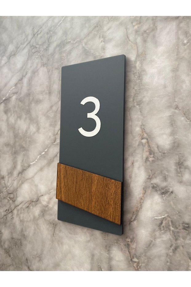 Vertical Door Number Wooden Detailed Anthracite Plexi Mdf Uv Printed Side Series with Tape on the Back 15X8 cm
